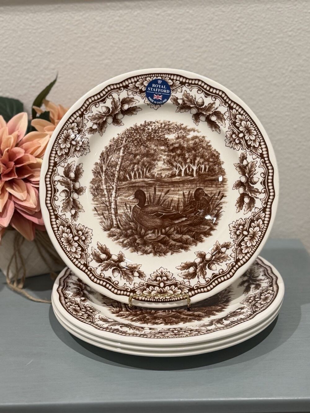 Royal Stafford 11" Mallard Duck Brown Dinner Plates Set of 4